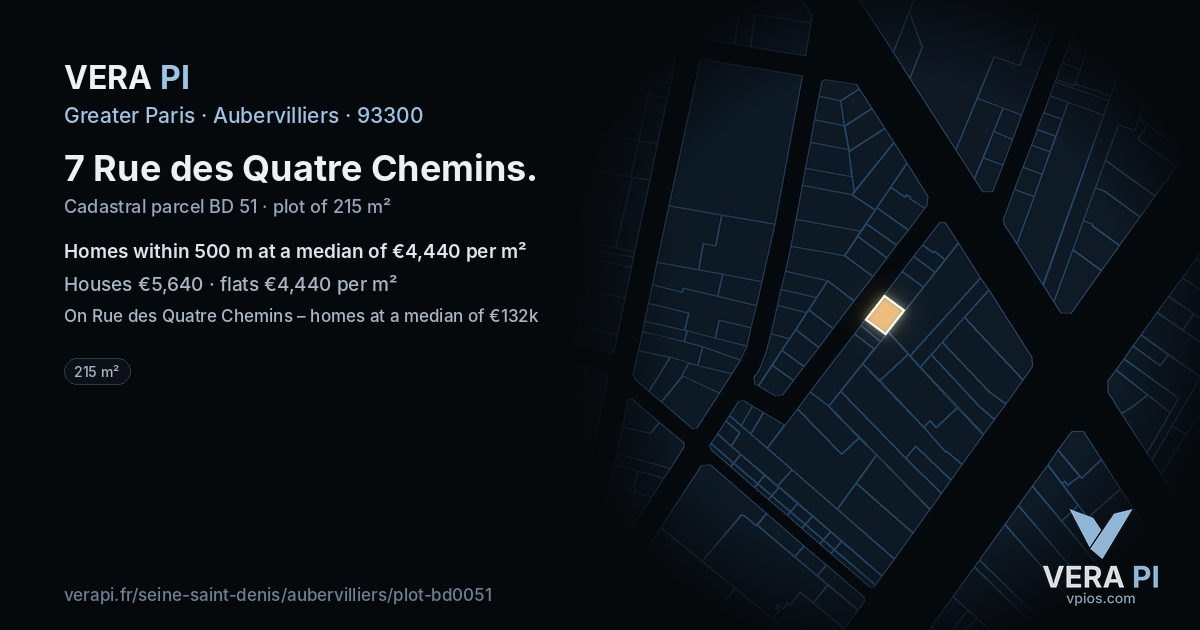 7 Rue des Quatre Chemins, Aubervilliers at night – the plot lit, the parcels around coloured by the prices near them