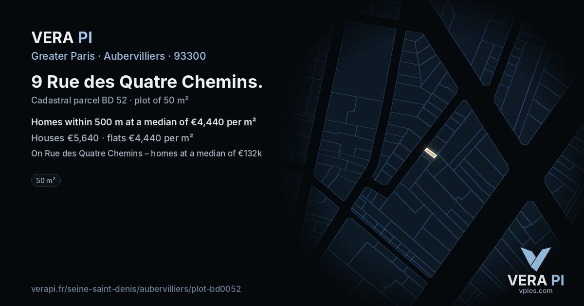 9 Rue des Quatre Chemins, Aubervilliers at night – the plot lit, the parcels around coloured by the prices near them