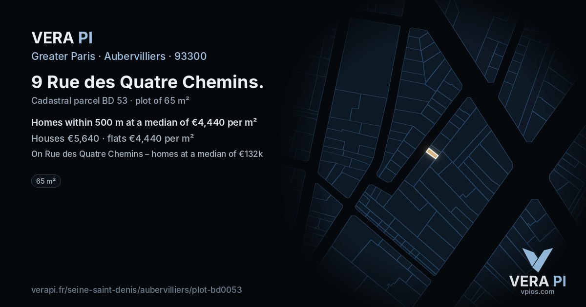 9 Rue des Quatre Chemins, Aubervilliers at night – the plot lit, the parcels around coloured by the prices near them