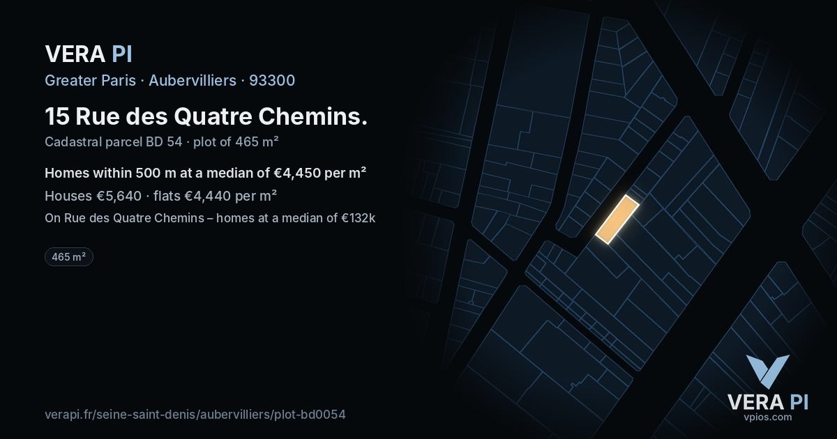 15 Rue des Quatre Chemins, Aubervilliers at night – the plot lit, the parcels around coloured by the prices near them