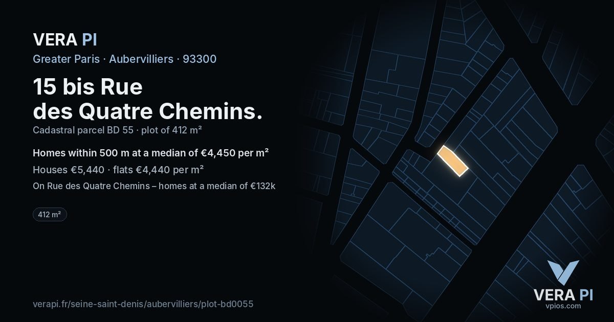15 bis Rue des Quatre Chemins, Aubervilliers at night – the plot lit, the parcels around coloured by the prices near them