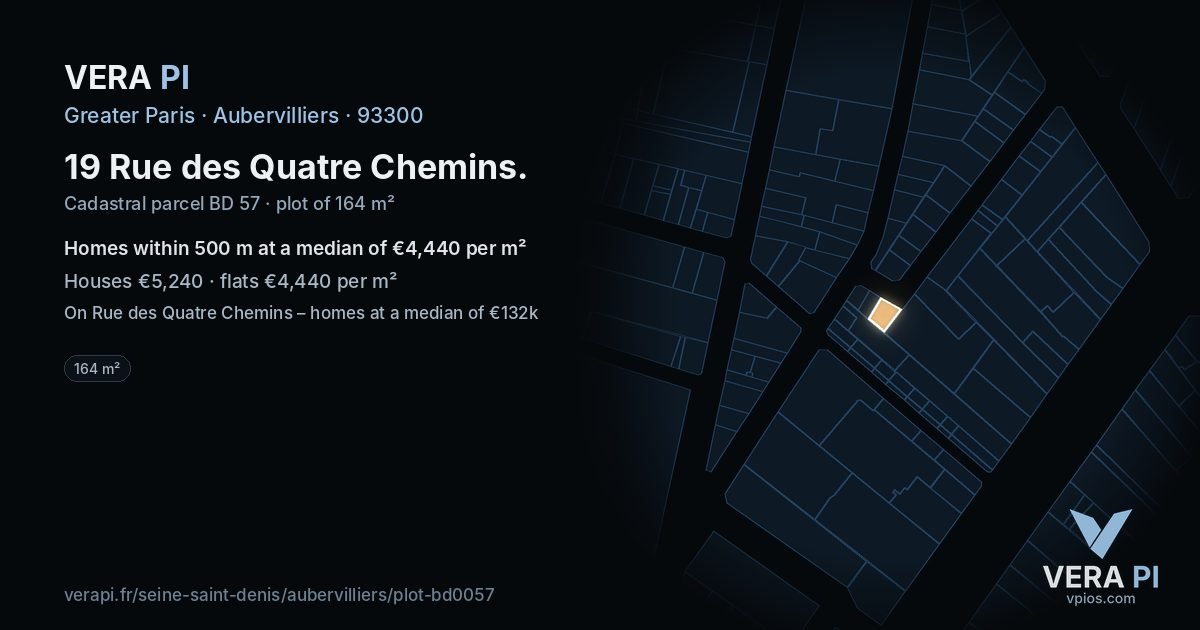 19 Rue des Quatre Chemins, Aubervilliers at night – the plot lit, the parcels around coloured by the prices near them