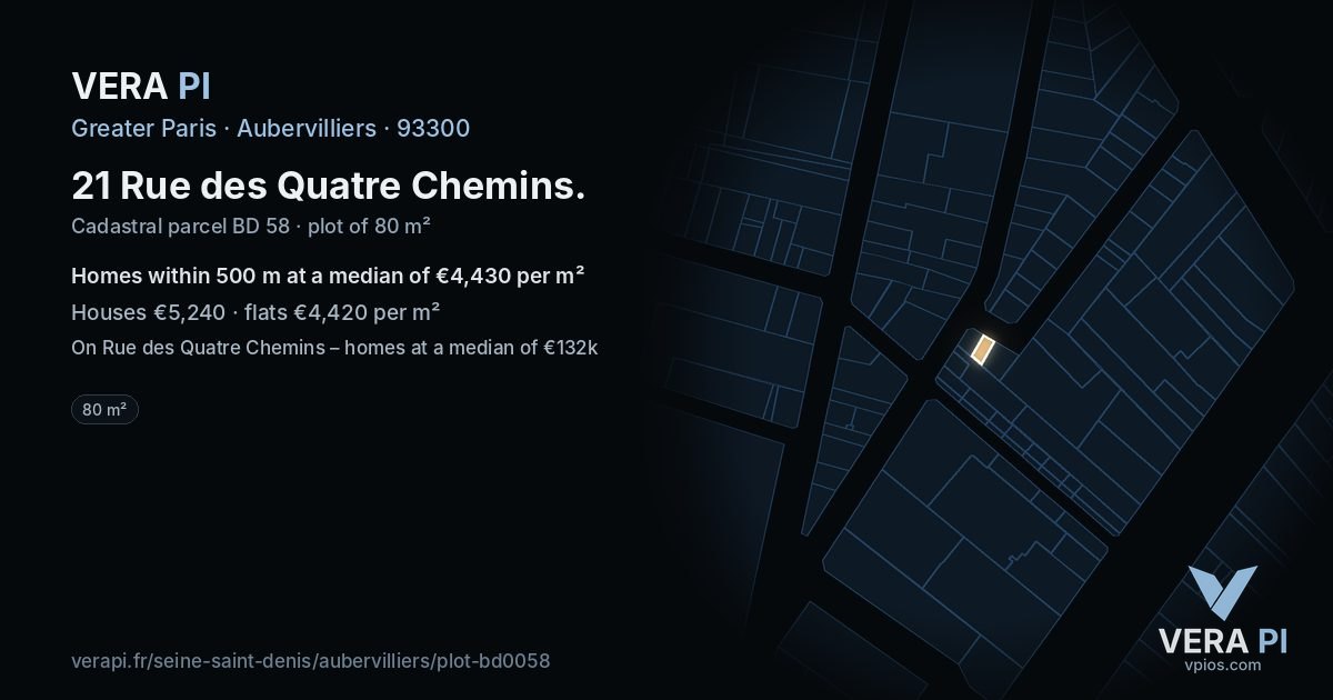 21 Rue des Quatre Chemins, Aubervilliers at night – the plot lit, the parcels around coloured by the prices near them