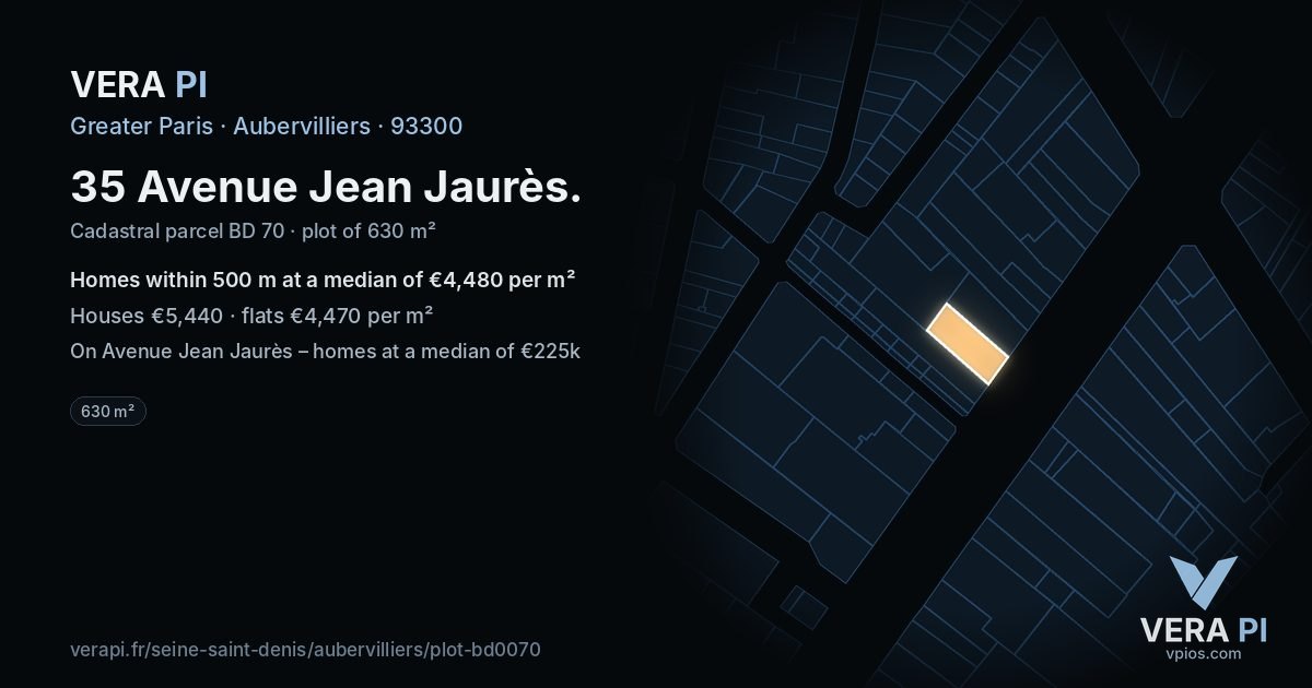 35 Avenue Jean Jaurès, Aubervilliers at night – the plot lit, the parcels around coloured by the prices near them