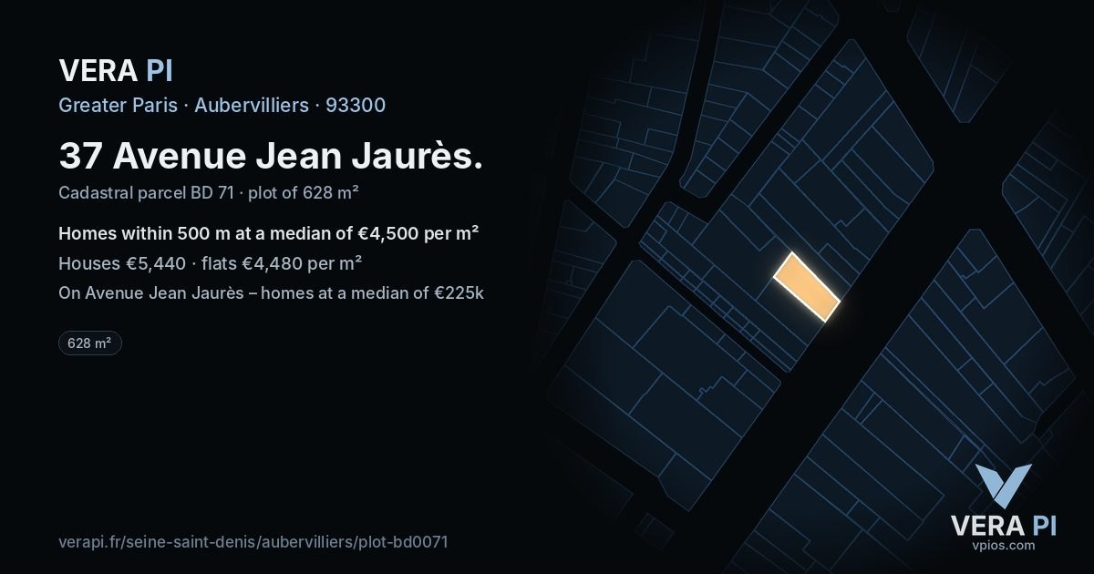 37 Avenue Jean Jaurès, Aubervilliers at night – the plot lit, the parcels around coloured by the prices near them
