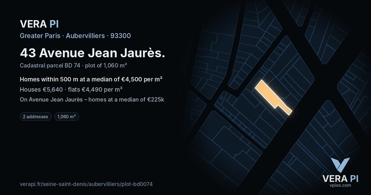 43 Avenue Jean Jaurès, Aubervilliers at night – the plot lit, the parcels around coloured by the prices near them