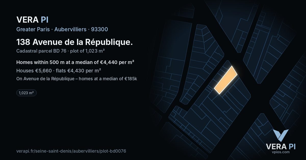 138 Avenue de la République, Aubervilliers at night – the plot lit, the parcels around coloured by the prices near them