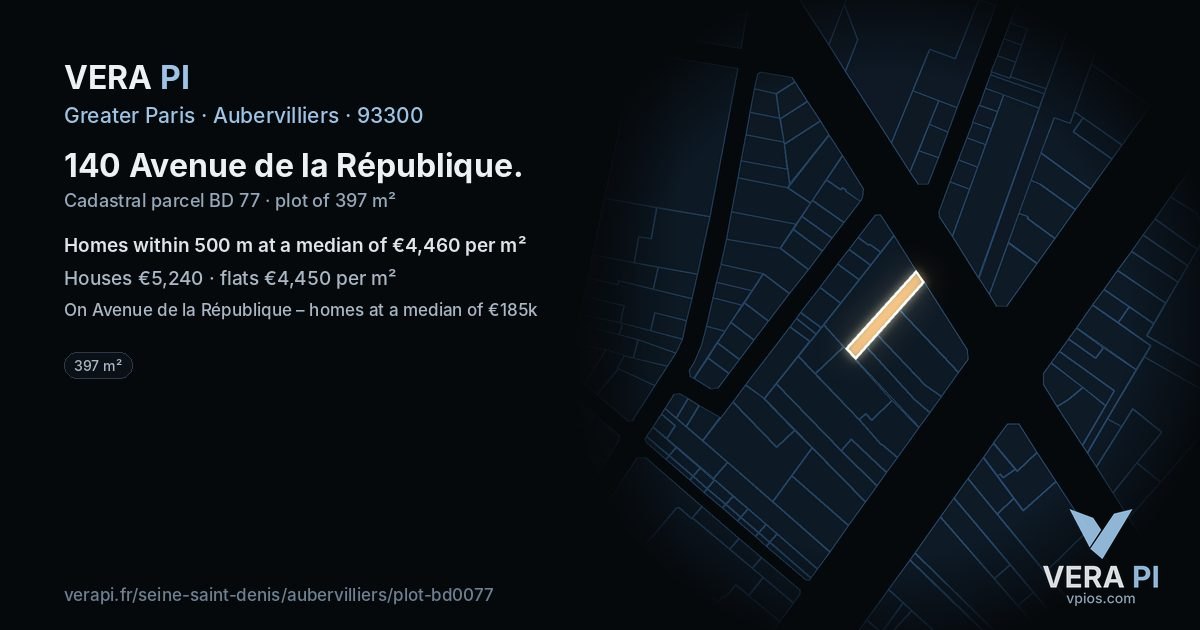 140 Avenue de la République, Aubervilliers at night – the plot lit, the parcels around coloured by the prices near them