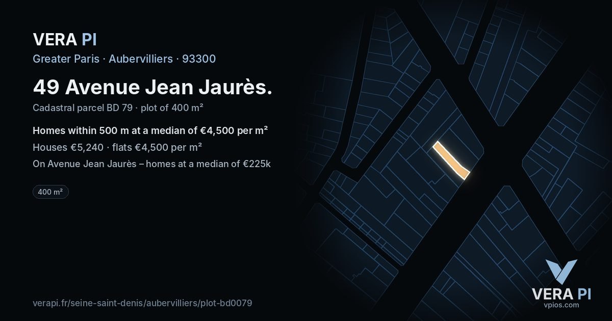 49 Avenue Jean Jaurès, Aubervilliers at night – the plot lit, the parcels around coloured by the prices near them