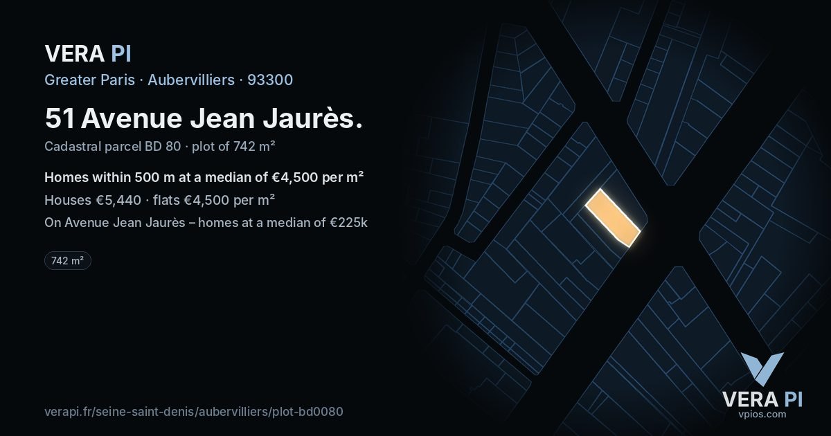 51 Avenue Jean Jaurès, Aubervilliers at night – the plot lit, the parcels around coloured by the prices near them