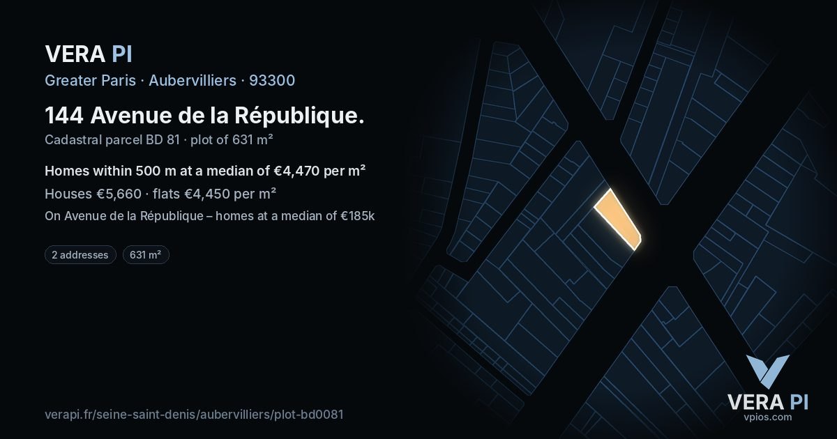 144 Avenue de la République, Aubervilliers at night – the plot lit, the parcels around coloured by the prices near them