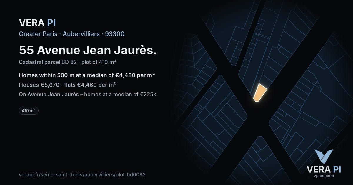 55 Avenue Jean Jaurès, Aubervilliers at night – the plot lit, the parcels around coloured by the prices near them