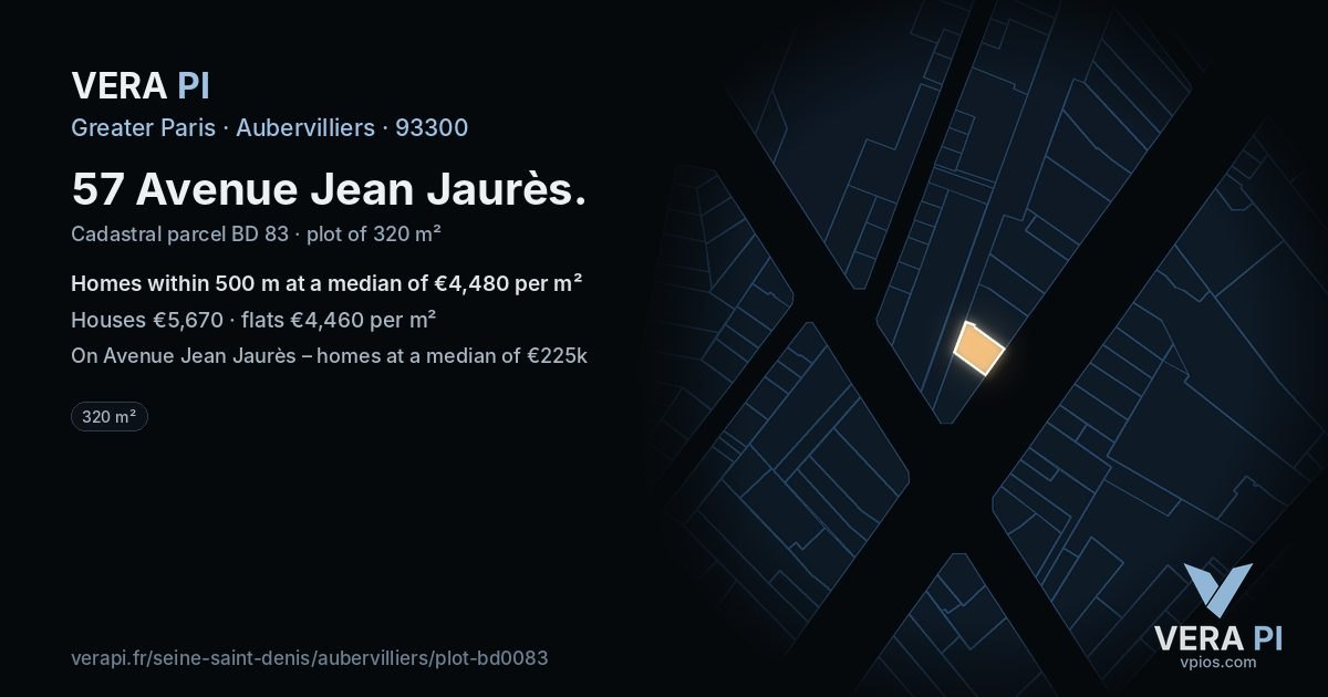 57 Avenue Jean Jaurès, Aubervilliers at night – the plot lit, the parcels around coloured by the prices near them