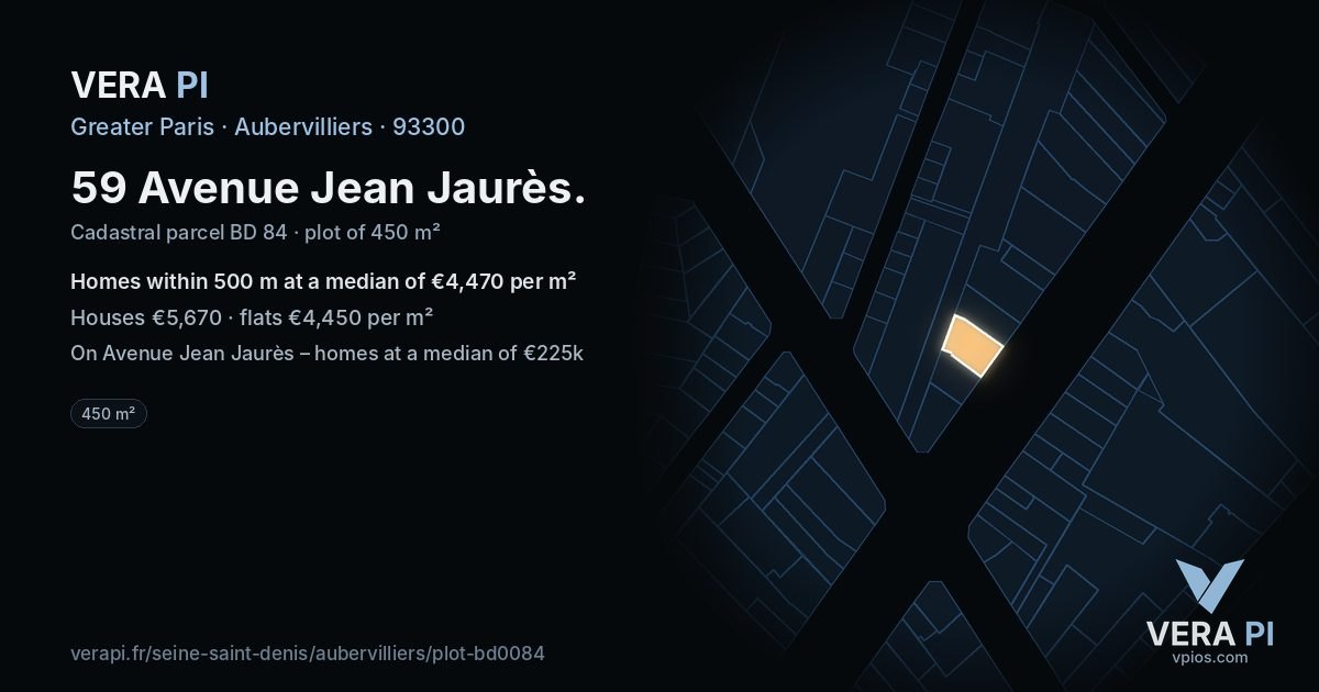 59 Avenue Jean Jaurès, Aubervilliers at night – the plot lit, the parcels around coloured by the prices near them