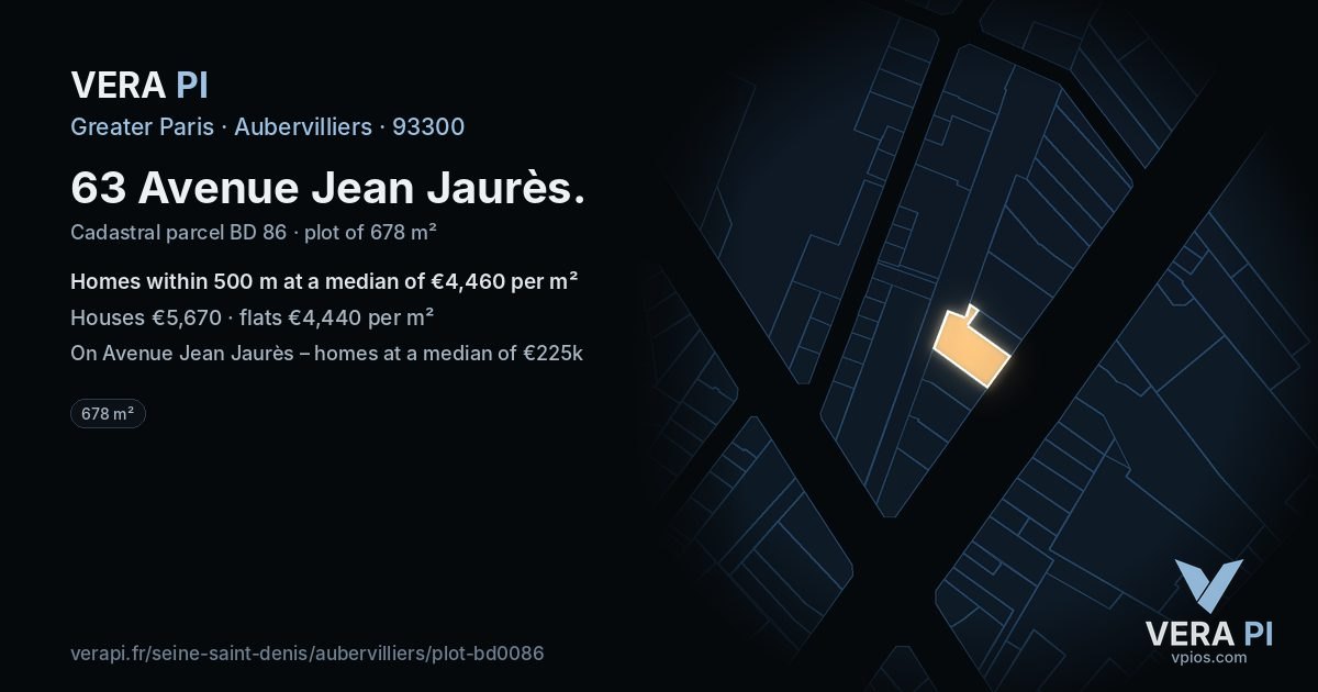 63 Avenue Jean Jaurès, Aubervilliers at night – the plot lit, the parcels around coloured by the prices near them