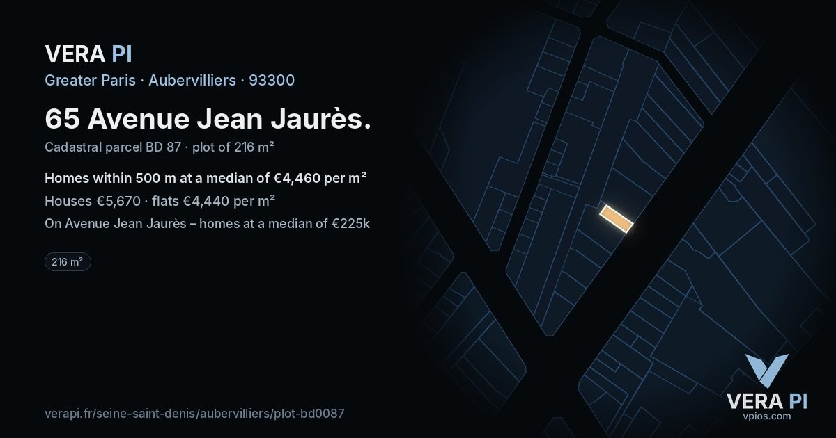 65 Avenue Jean Jaurès, Aubervilliers at night – the plot lit, the parcels around coloured by the prices near them