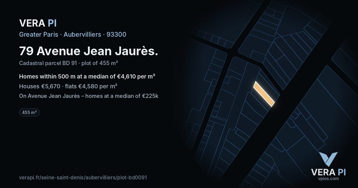 79 Avenue Jean Jaurès, Aubervilliers at night – the plot lit, the parcels around coloured by the prices near them