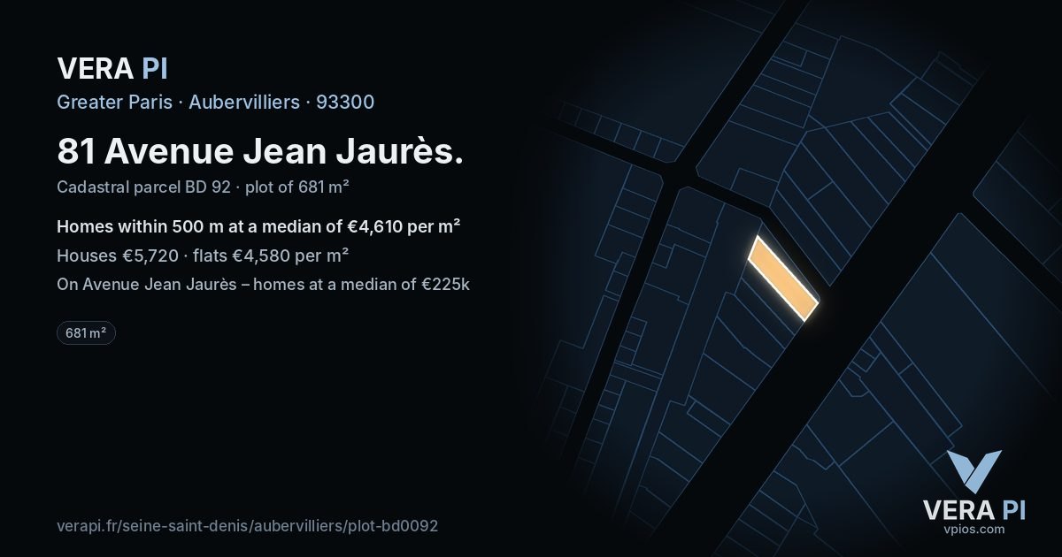 81 Avenue Jean Jaurès, Aubervilliers at night – the plot lit, the parcels around coloured by the prices near them