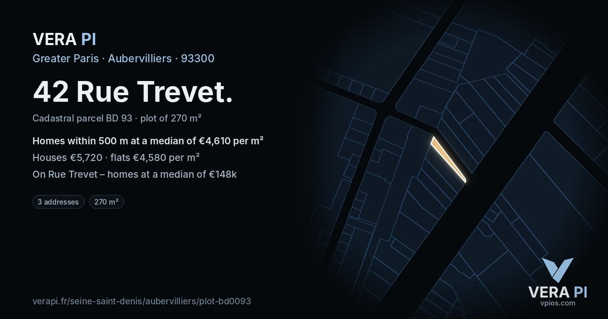 42 Rue Trevet, Aubervilliers at night – the plot lit, the parcels around coloured by the prices near them