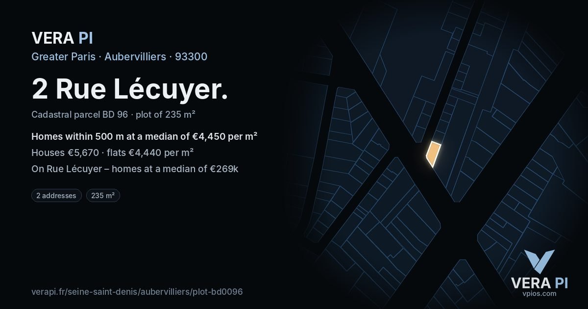 2 Rue Lécuyer, Aubervilliers at night – the plot lit, the parcels around coloured by the prices near them