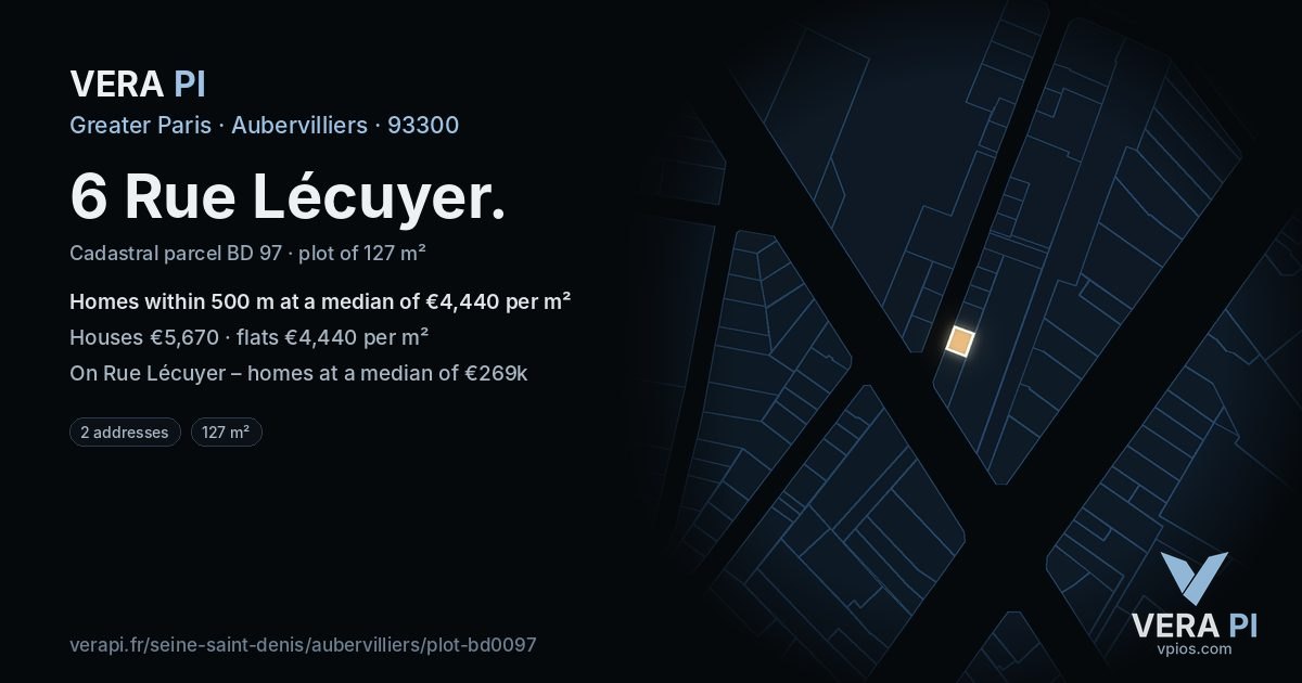 6 Rue Lécuyer, Aubervilliers at night – the plot lit, the parcels around coloured by the prices near them