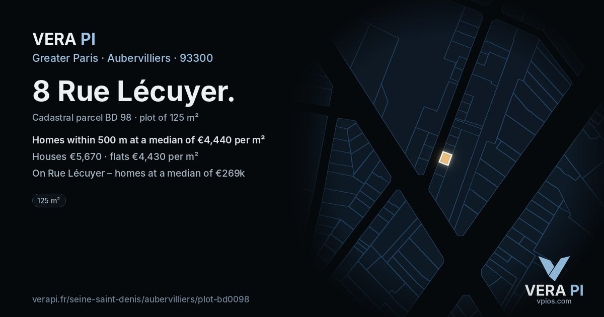 8 Rue Lécuyer, Aubervilliers at night – the plot lit, the parcels around coloured by the prices near them