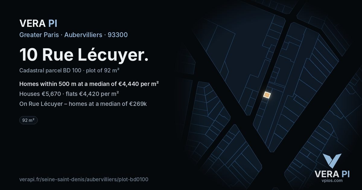 10 Rue Lécuyer, Aubervilliers at night – the plot lit, the parcels around coloured by the prices near them