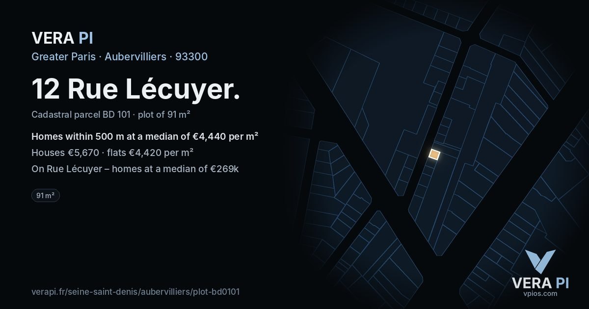 12 Rue Lécuyer, Aubervilliers at night – the plot lit, the parcels around coloured by the prices near them