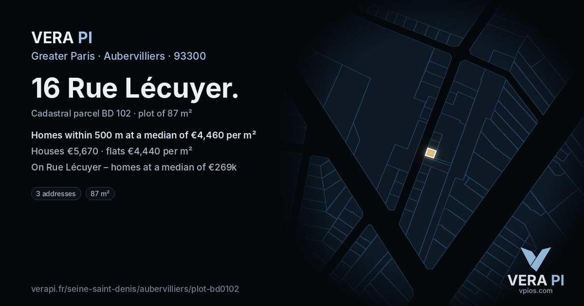 16 Rue Lécuyer, Aubervilliers at night – the plot lit, the parcels around coloured by the prices near them