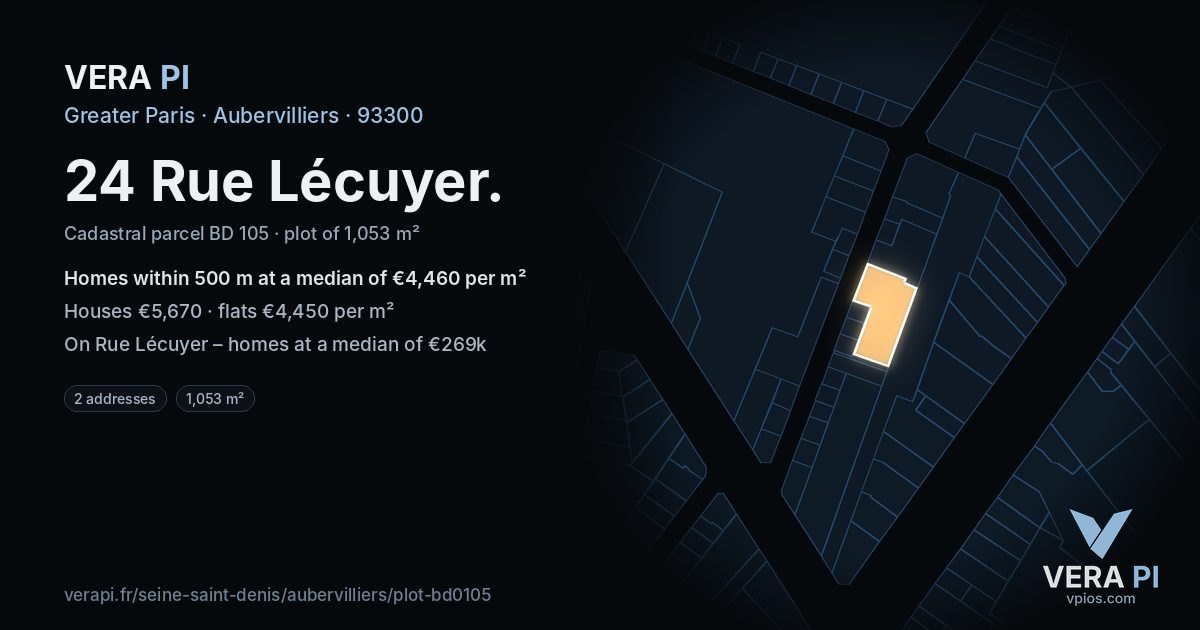24 Rue Lécuyer, Aubervilliers at night – the plot lit, the parcels around coloured by the prices near them
