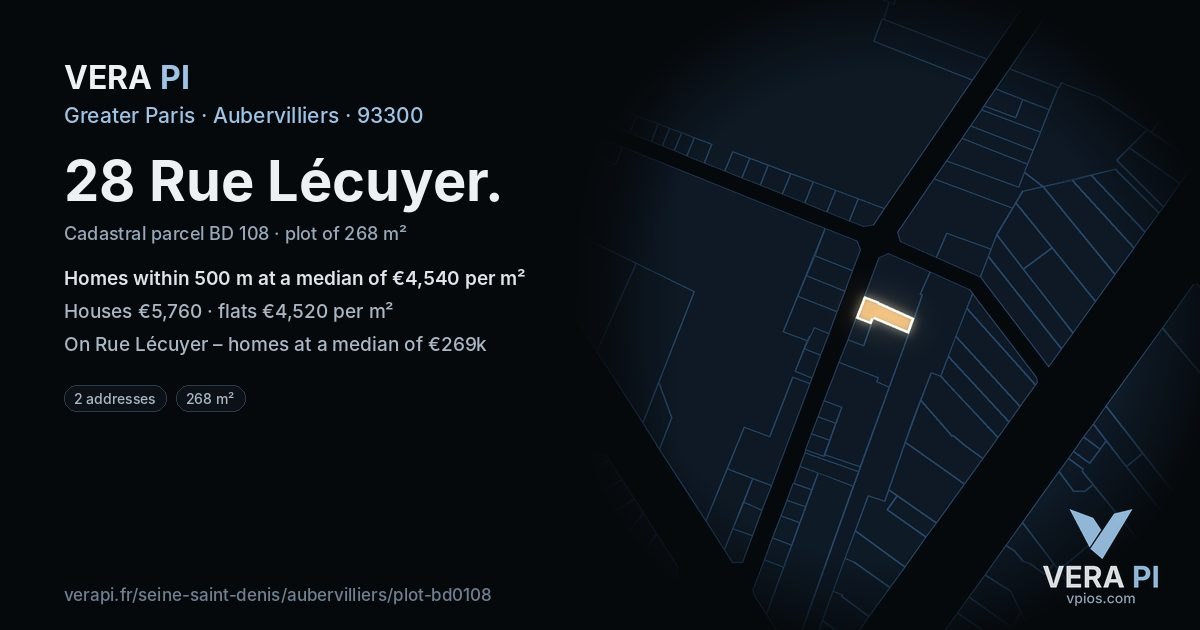 28 Rue Lécuyer, Aubervilliers at night – the plot lit, the parcels around coloured by the prices near them