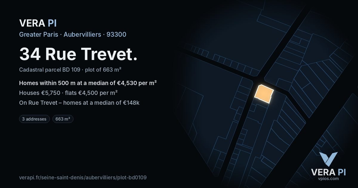 34 Rue Trevet, Aubervilliers at night – the plot lit, the parcels around coloured by the prices near them