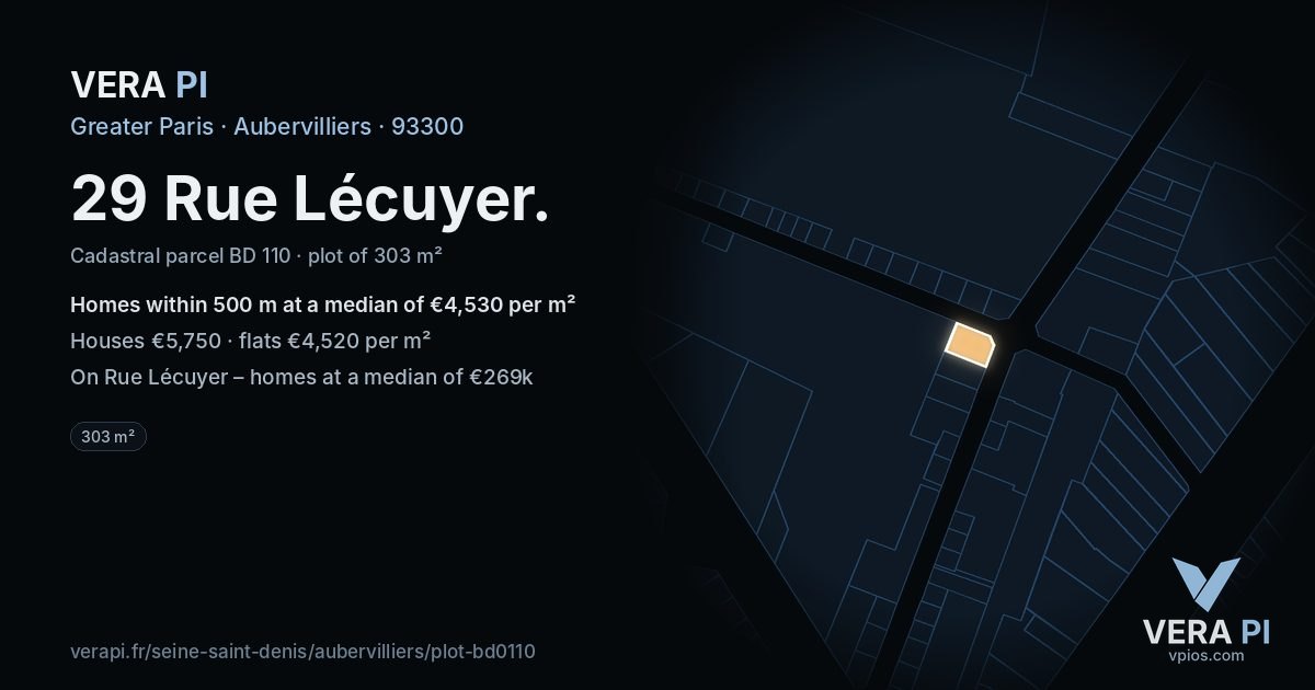 29 Rue Lécuyer, Aubervilliers at night – the plot lit, the parcels around coloured by the prices near them