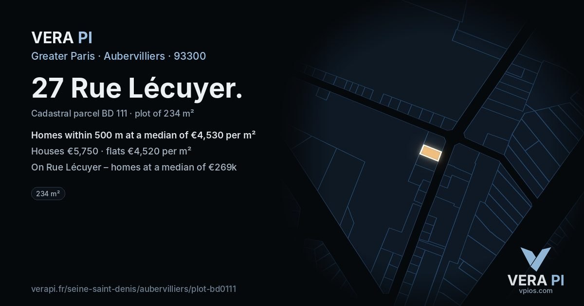 27 Rue Lécuyer, Aubervilliers at night – the plot lit, the parcels around coloured by the prices near them