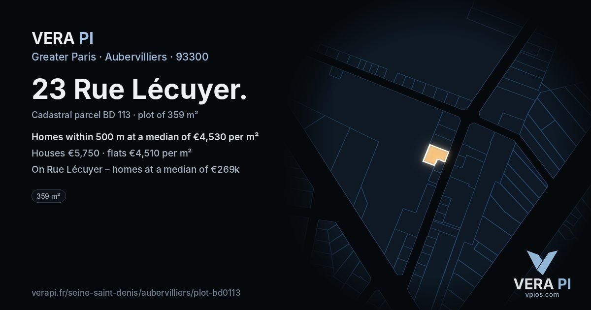 23 Rue Lécuyer, Aubervilliers at night – the plot lit, the parcels around coloured by the prices near them