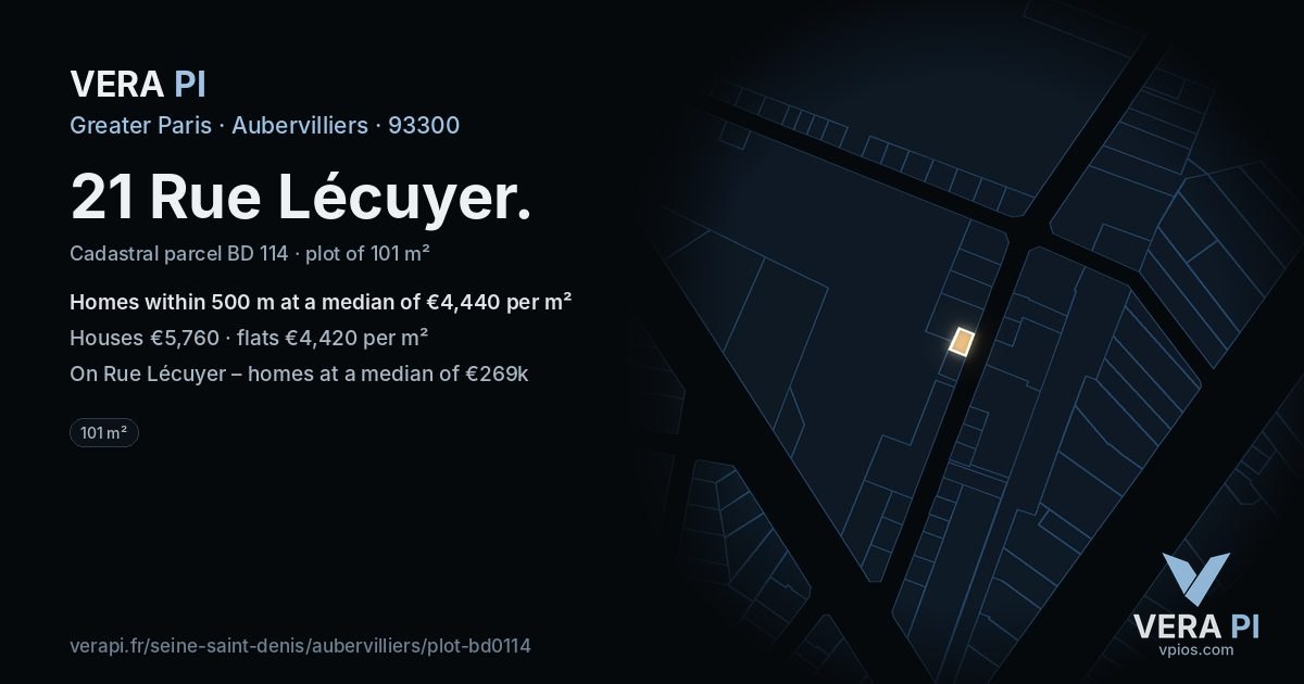 21 Rue Lécuyer, Aubervilliers at night – the plot lit, the parcels around coloured by the prices near them