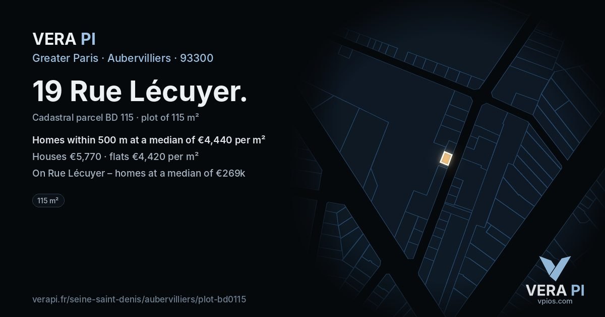 19 Rue Lécuyer, Aubervilliers at night – the plot lit, the parcels around coloured by the prices near them