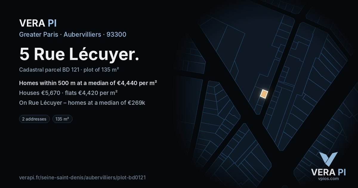 5 Rue Lécuyer, Aubervilliers at night – the plot lit, the parcels around coloured by the prices near them