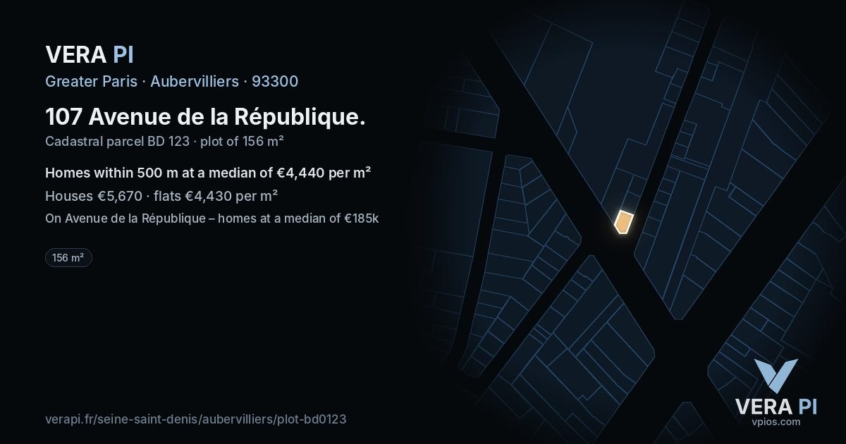 107 Avenue de la République, Aubervilliers at night – the plot lit, the parcels around coloured by the prices near them