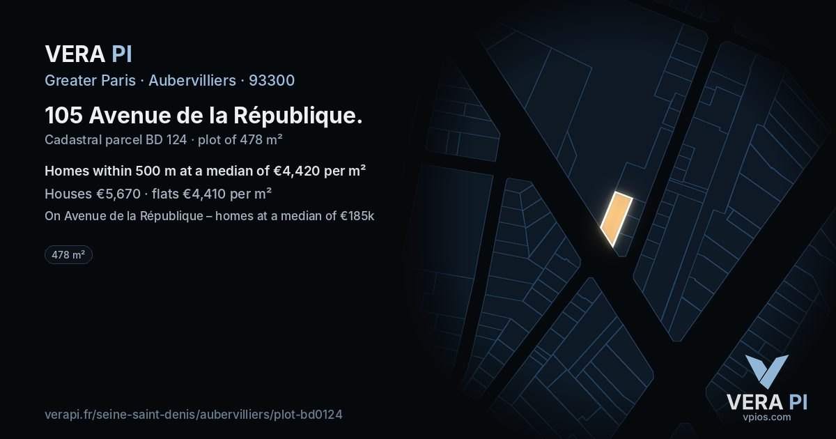 105 Avenue de la République, Aubervilliers at night – the plot lit, the parcels around coloured by the prices near them