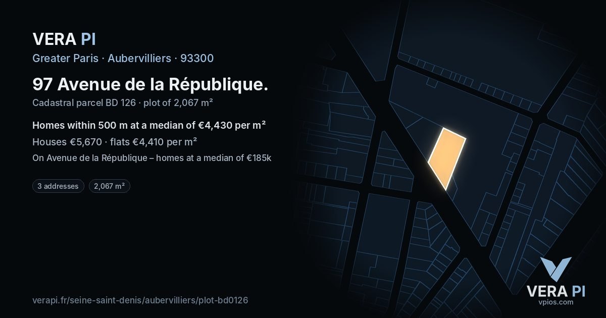 97 Avenue de la République, Aubervilliers at night – the plot lit, the parcels around coloured by the prices near them