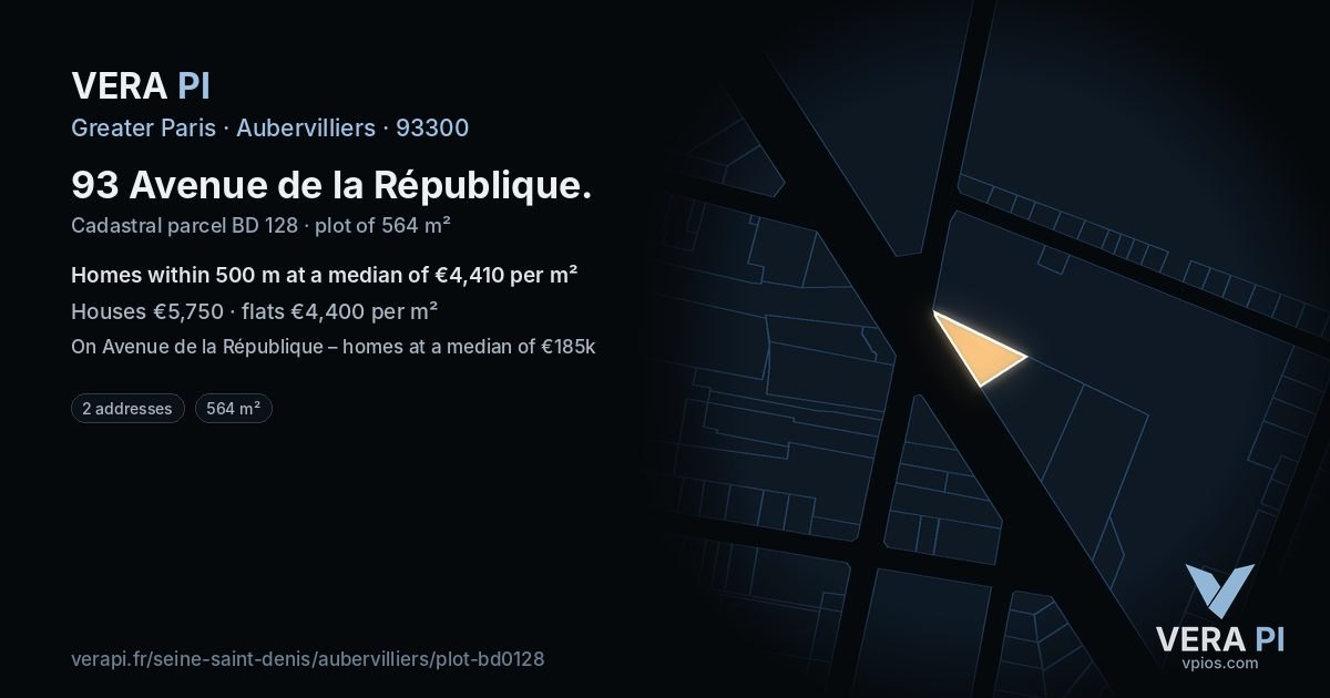 93 Avenue de la République, Aubervilliers at night – the plot lit, the parcels around coloured by the prices near them