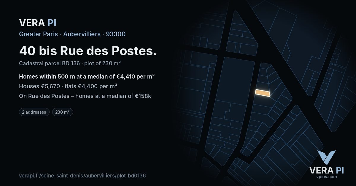 40 bis Rue des Postes, Aubervilliers at night – the plot lit, the parcels around coloured by the prices near them