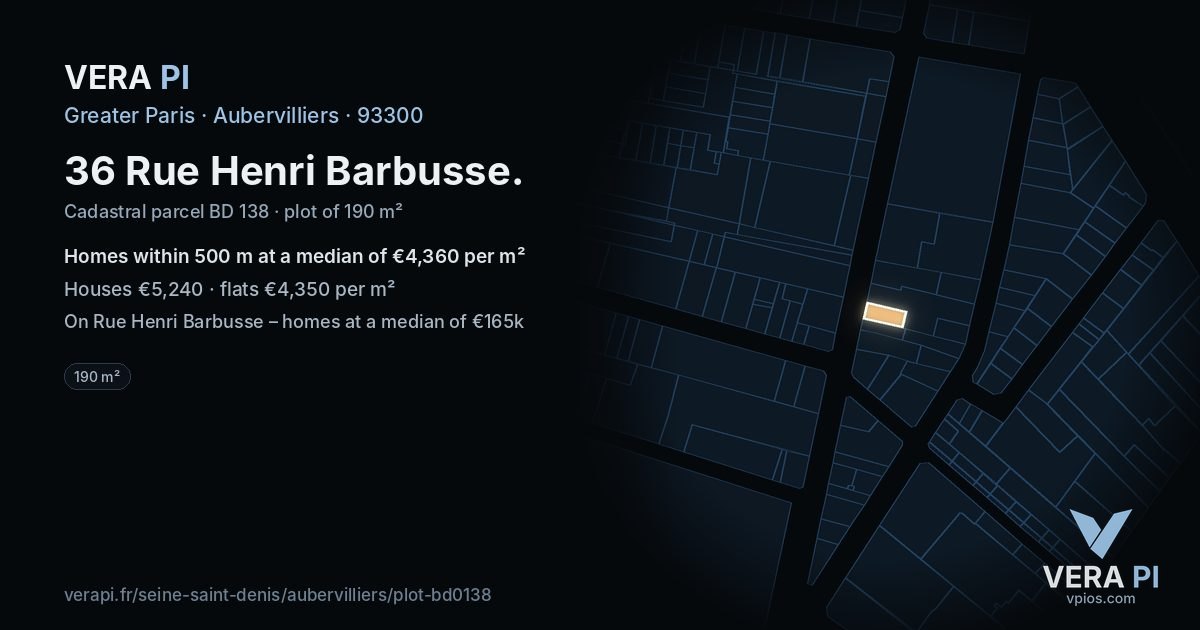 36 Rue Henri Barbusse, Aubervilliers at night – the plot lit, the parcels around coloured by the prices near them