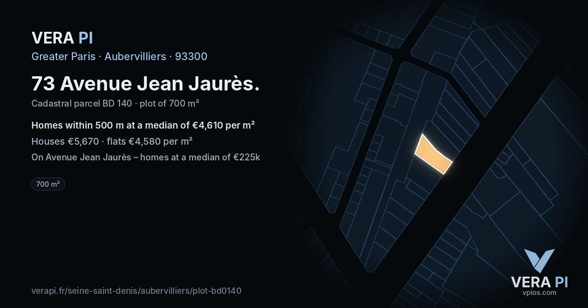 73 Avenue Jean Jaurès, Aubervilliers at night – the plot lit, the parcels around coloured by the prices near them
