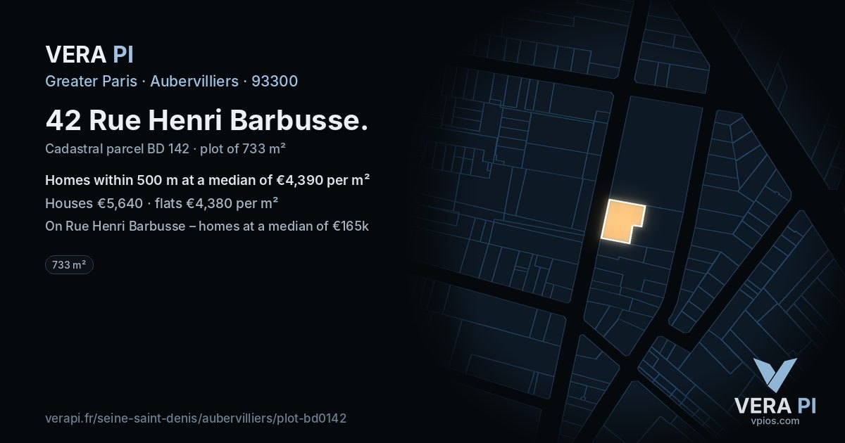 42 Rue Henri Barbusse, Aubervilliers at night – the plot lit, the parcels around coloured by the prices near them