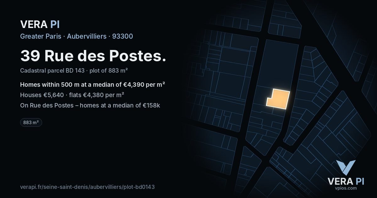 39 Rue des Postes, Aubervilliers at night – the plot lit, the parcels around coloured by the prices near them