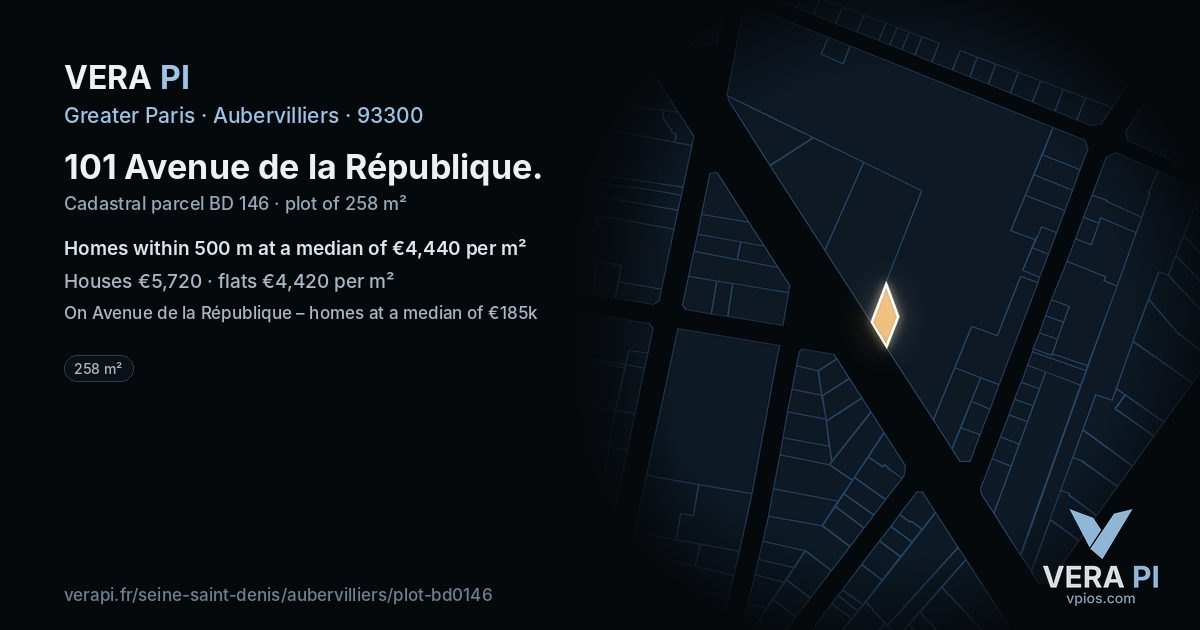101 Avenue de la République, Aubervilliers at night – the plot lit, the parcels around coloured by the prices near them