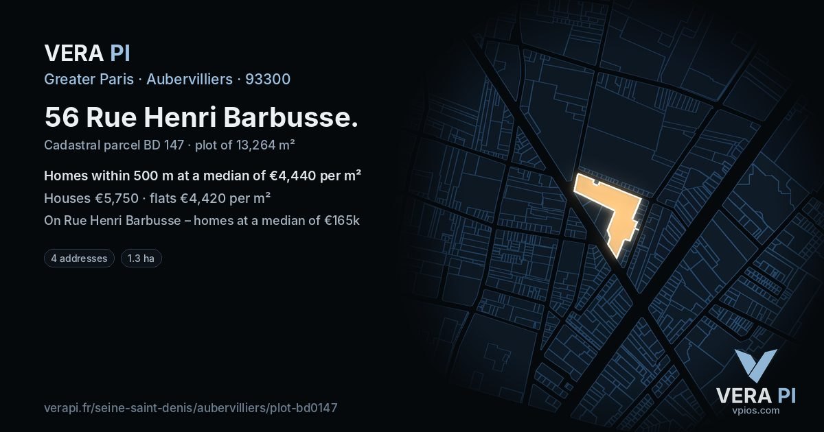 56 Rue Henri Barbusse, Aubervilliers at night – the plot lit, the parcels around coloured by the prices near them