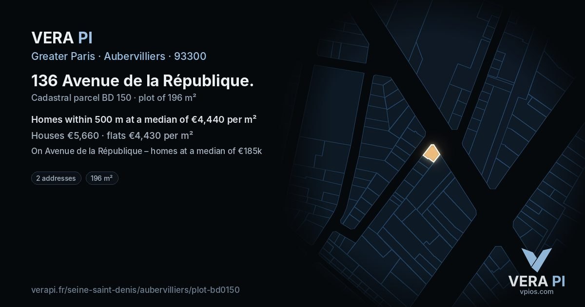 136 Avenue de la République, Aubervilliers at night – the plot lit, the parcels around coloured by the prices near them